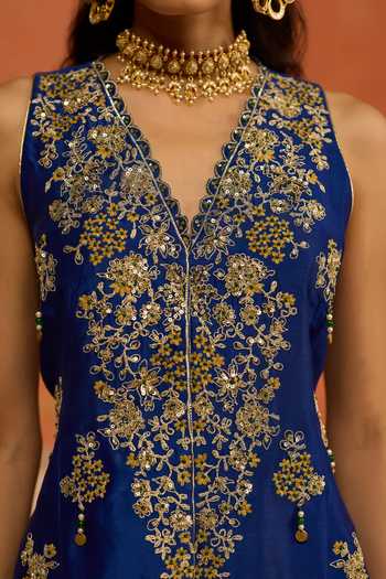 Buy Shikha Mehta Blue Silk, Chanderi V-neck Fannah Top And Skirt Set Buy_Shikha Mehta_Blue Silk, Chanderi V-neck Fannah Top And Skirt Set