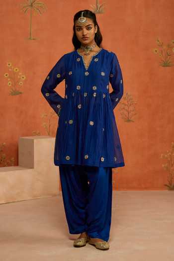 Buy Shikha Mehta Blue Chanderi, Satin, Organza Ojasvi Floral Embroidered Kurta Set Online at Aza Fashions Buy_Shikha Mehta_Blue Chanderi, Satin, Organza Ojasvi Floral Embroidered Kurta Set _Online_at_Aza_Fashions