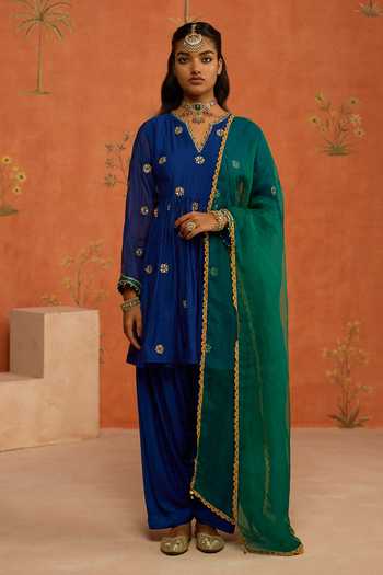 Shop Shikha Mehta Blue Chanderi, Satin, Organza Ojasvi Floral Embroidered Kurta Set Online at Aza Fashions Shop_Shikha Mehta_Blue Chanderi, Satin, Organza Ojasvi Floral Embroidered Kurta Set _Online_at_Aza_Fashions