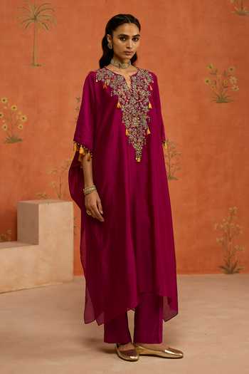 Shikha Mehta Wine , Chanderi, Satin Oorja Neckline Embroidered Kaftan And Pant Set Online at Aza Fashions Shikha Mehta_Wine , Chanderi, Satin Oorja Neckline Embroidered Kaftan And Pant Set _Online_at_Aza_Fashions