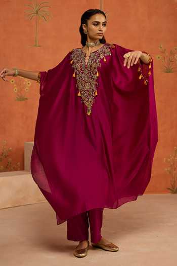 Buy Shikha Mehta Wine , Chanderi, Satin Oorja Neckline Embroidered Kaftan And Pant Set Online at Aza Fashions Buy_Shikha Mehta_Wine , Chanderi, Satin Oorja Neckline Embroidered Kaftan And Pant Set _Online_at_Aza_Fashions