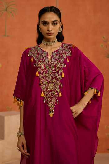 Shop Shikha Mehta Wine , Chanderi, Satin Oorja Neckline Embroidered Kaftan And Pant Set Online at Aza Fashions Shop_Shikha Mehta_Wine , Chanderi, Satin Oorja Neckline Embroidered Kaftan And Pant Set _Online_at_Aza_Fashions