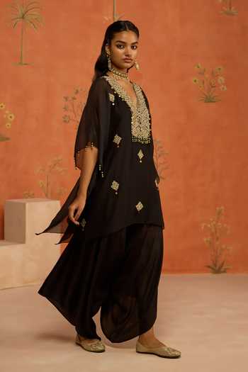 Buy Shikha Mehta Black Chanderi, Silk V-neck Manya Embroidered Kaftan And Pant Set Online at Aza Fashions Buy_Shikha Mehta_Black Chanderi, Silk V-neck Manya Embroidered Kaftan And Pant Set _Online_at_Aza_Fashions