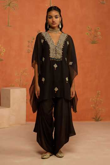 Shop Shikha Mehta Black Chanderi, Silk V-neck Manya Embroidered Kaftan And Pant Set Online at Aza Fashions Shop_Shikha Mehta_Black Chanderi, Silk V-neck Manya Embroidered Kaftan And Pant Set _Online_at_Aza_Fashions