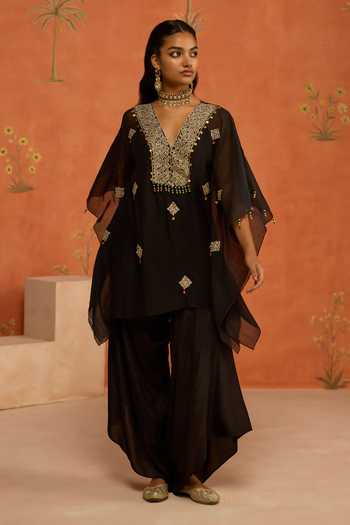 Shikha Mehta Black Chanderi, Silk V-neck Manya Embroidered Kaftan And Pant Set at Aza Fashions Shikha Mehta_Black Chanderi, Silk V-neck Manya Embroidered Kaftan And Pant Set _at_Aza_Fashions