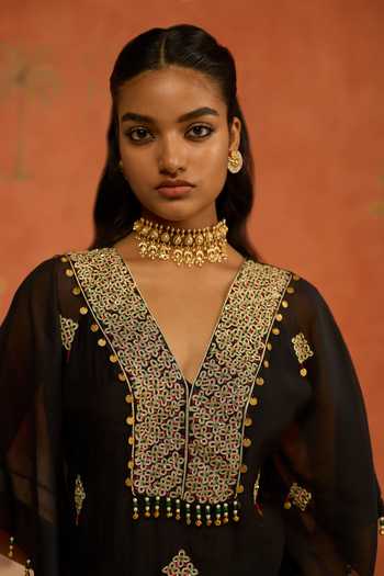 Buy Shikha Mehta Black Chanderi, Silk V-neck Manya Embroidered Kaftan And Pant Set Buy_Shikha Mehta_Black Chanderi, Silk V-neck Manya Embroidered Kaftan And Pant Set
