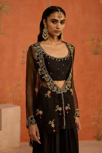 Buy Shikha Mehta Black Organza, Chanderi, Satin Scoop Eshika Embroidered Jacket Set Online at Aza Fashions Buy_Shikha Mehta_Black Organza, Chanderi, Satin Scoop Eshika Embroidered Jacket Set _Online_at_Aza_Fashions