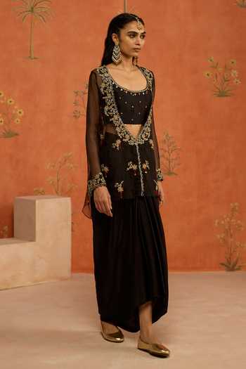 Buy Shikha Mehta Black Organza, Chanderi, Satin Scoop Eshika Embroidered Jacket Set Buy_Shikha Mehta_Black Organza, Chanderi, Satin Scoop Eshika Embroidered Jacket Set