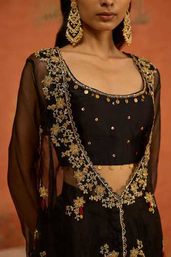 Shop Shikha Mehta Black Organza, Chanderi, Satin Scoop Eshika Embroidered Jacket Set Shop_Shikha Mehta_Black Organza, Chanderi, Satin Scoop Eshika Embroidered Jacket Set