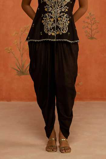 Shikha Mehta Black Silk, Chanderi V-neck Falak Embroidered Jacket And Pant Set Online at Aza Fashions Shikha Mehta_Black Silk, Chanderi V-neck Falak Embroidered Jacket And Pant Set _Online_at_Aza_Fashions