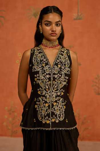 Buy Shikha Mehta Black Silk, Chanderi V-neck Falak Embroidered Jacket And Pant Set Online at Aza Fashions Buy_Shikha Mehta_Black Silk, Chanderi V-neck Falak Embroidered Jacket And Pant Set _Online_at_Aza_Fashions