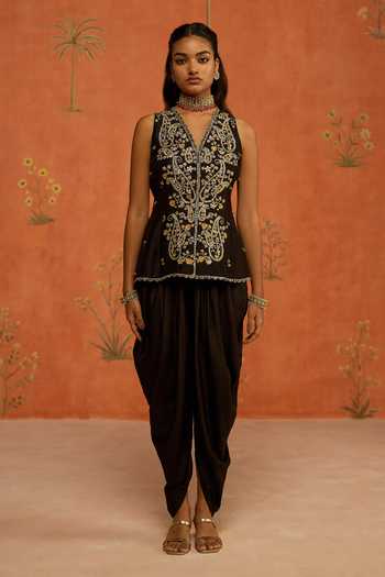 Shop Shikha Mehta Black Silk, Chanderi V-neck Falak Embroidered Jacket And Pant Set Online at Aza Fashions Shop_Shikha Mehta_Black Silk, Chanderi V-neck Falak Embroidered Jacket And Pant Set _Online_at_Aza_Fashions