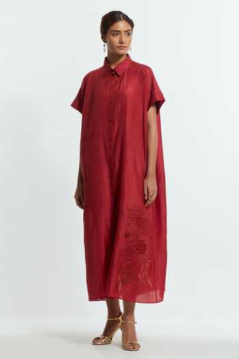 Kora_Maroon Silk Collared Neck Applique Floral Midi Dress _Online_at_Aza_Fashions