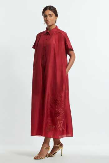 Buy_Kora_Maroon Silk Collared Neck Applique Floral Midi Dress _Online_at_Aza_Fashions