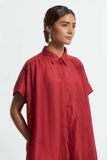 Shop_Kora_Maroon Silk Collared Neck Applique Floral Midi Dress _Online_at_Aza_Fashions