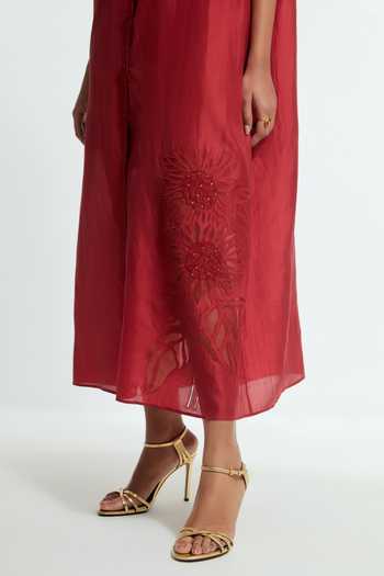 Kora_Maroon Silk Collared Neck Applique Floral Midi Dress _at_Aza_Fashions