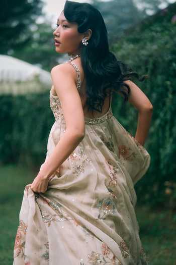 Buy Paulmi And Harsh Beige Organza Sweetheart , Open Rue Floral Print Anarkali With Cape Online at Aza Fashions Buy_Paulmi And Harsh_Beige Organza Sweetheart , Open Rue Floral Print Anarkali With Cape _Online_at_Aza_Fashions