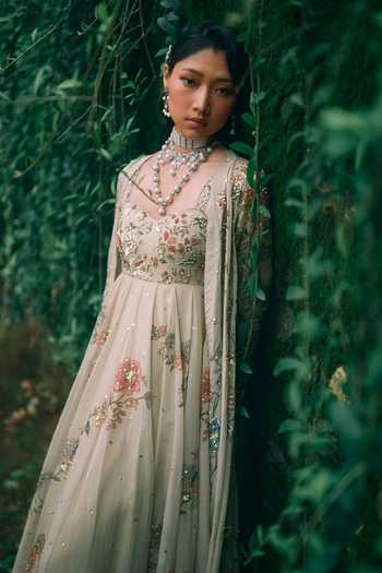Paulmi And Harsh Beige Organza Sweetheart , Open Rue Floral Print Anarkali With Cape at Aza Fashions Paulmi And Harsh_Beige Organza Sweetheart , Open Rue Floral Print Anarkali With Cape _at_Aza_Fashions