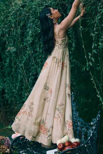 Buy Paulmi And Harsh Beige Organza Sweetheart , Open Rue Floral Print Anarkali With Cape Buy_Paulmi And Harsh_Beige Organza Sweetheart , Open Rue Floral Print Anarkali With Cape