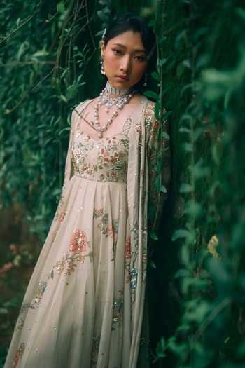 Paulmi And Harsh Peach Organza Sweetheart Neck Rue Floral Print Anarkali at Aza Fashions Paulmi And Harsh_Peach Organza Sweetheart Neck Rue Floral Print Anarkali _at_Aza_Fashions