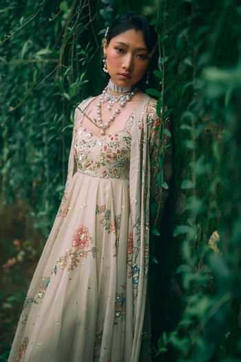 Buy_Paulmi And Harsh_Beige Organza Open Neck Rue Floral Print Jacket _Online_at_Aza_Fashions