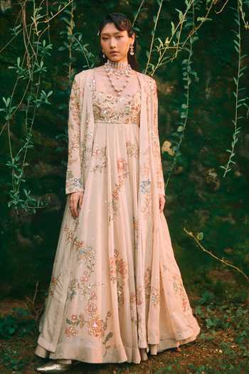 Shop_Paulmi And Harsh_Beige Organza Open Neck Rue Floral Print Jacket _Online_at_Aza_Fashions