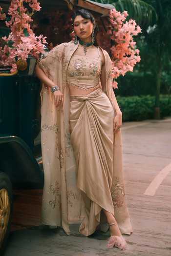 Paulmi And Harsh Ottilie Printed Cape Draped Skirt Set 