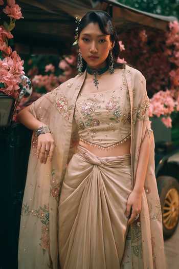 Buy Paulmi And Harsh Peach Organza, Satin, Silk, Cotton Ottilie Printed Cape Draped Skirt Set Buy_Paulmi And Harsh_Peach Organza, Satin, Silk, Cotton Ottilie Printed Cape Draped Skirt Set