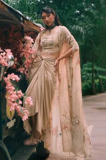 Shop Paulmi And Harsh Peach Organza, Satin, Silk, Cotton Ottilie Printed Cape Draped Skirt Set Shop_Paulmi And Harsh_Peach Organza, Satin, Silk, Cotton Ottilie Printed Cape Draped Skirt Set