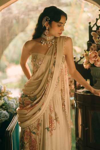 Paulmi And Harsh Cream Organza, Shantoon, Net, Chiffon Magnolia Floral Print Pre-draped Saree Set Online at Aza Fashions Paulmi And Harsh_Cream Organza, Shantoon, Net, Chiffon Magnolia Floral Print Pre-draped Saree Set _Online_at_Aza_Fashions