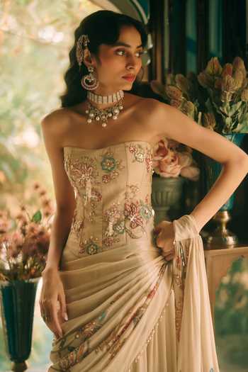 Buy Paulmi And Harsh Cream Organza, Shantoon, Net, Chiffon Magnolia Floral Print Pre-draped Saree Set Online at Aza Fashions Buy_Paulmi And Harsh_Cream Organza, Shantoon, Net, Chiffon Magnolia Floral Print Pre-draped Saree Set _Online_at_Aza_Fashions