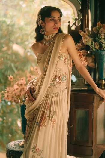 Shop Paulmi And Harsh Cream Organza, Shantoon, Net, Chiffon Magnolia Floral Print Pre-draped Saree Set Online at Aza Fashions Shop_Paulmi And Harsh_Cream Organza, Shantoon, Net, Chiffon Magnolia Floral Print Pre-draped Saree Set _Online_at_Aza_Fashions