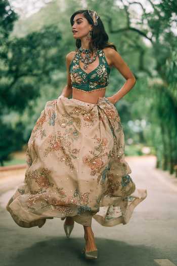 Buy_Paulmi And Harsh_Cream Organza Halter Neck Bea Flower Print Lehenga Set _Online_at_Aza_Fashions