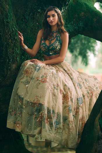 Shop_Paulmi And Harsh_Cream Organza Halter Neck Bea Flower Print Lehenga Set _Online_at_Aza_Fashions