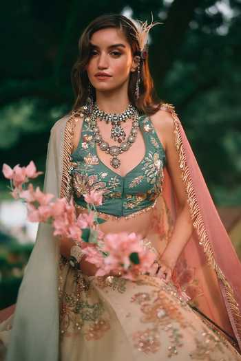 Paulmi And Harsh_Cream Organza Halter Neck Bea Flower Print Lehenga Set _at_Aza_Fashions