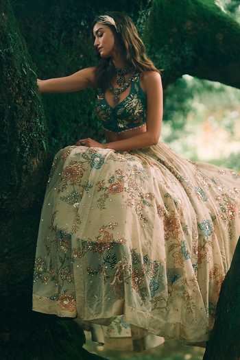 Buy_Paulmi And Harsh_Cream Organza Halter Neck Bea Flower Print Lehenga Set 