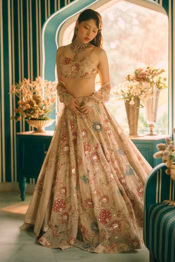 Buy Paulmi And Harsh Beige Organza, Shantoon, Net Sweetheart Petal Printed And Embroidered Lehenga Set Buy_Paulmi And Harsh_Beige Organza, Shantoon, Net Sweetheart Petal Printed And Embroidered Lehenga Set