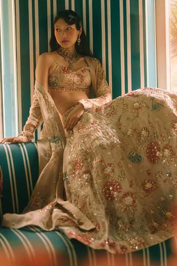 Shop_Paulmi And Harsh_Beige Organza, Shantoon Sweetheart Neck Petal Printed Lehenga With Blouse _Online_at_Aza_Fashions