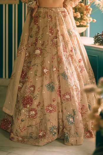 Paulmi And Harsh_Beige Organza, Shantoon Sweetheart Neck Petal Printed Lehenga With Blouse _at_Aza_Fashions