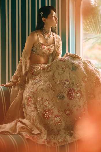 Shop Paulmi And Harsh Beige Organza Open Neck Petal Embroidered Jacket Online at Aza Fashions Shop_Paulmi And Harsh_Beige Organza Open Neck Petal Embroidered Jacket _Online_at_Aza_Fashions