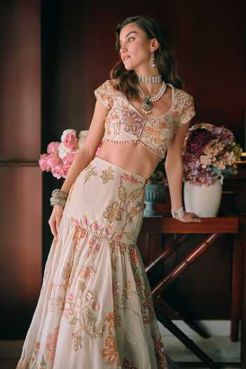 Paulmi And Harsh Beige Organza Sweetheart Neck Maelis Printed Fishcut Lehenga Set Online at Aza Fashions Paulmi And Harsh_Beige Organza Sweetheart Neck Maelis Printed Fishcut Lehenga Set _Online_at_Aza_Fashions
