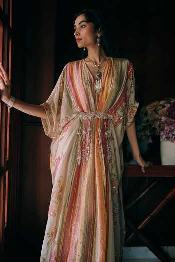 Paulmi And Harsh Ivory Silk Organza, Net V-neck Elin Florette Print Kaftan Online at Aza Fashions Paulmi And Harsh_Ivory Silk Organza, Net V-neck Elin Florette Print Kaftan _Online_at_Aza_Fashions