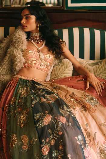 Buy_Paulmi And Harsh_Multicolor Organza, Shantoon, Satin Sweetheart Aura Floral Print Lehenga Set _Online_at_Aza_Fashions