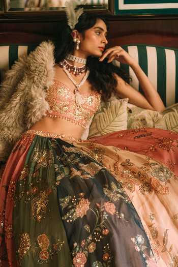 Shop_Paulmi And Harsh_Multicolor Organza, Shantoon, Satin Sweetheart Aura Floral Print Lehenga Set _Online_at_Aza_Fashions