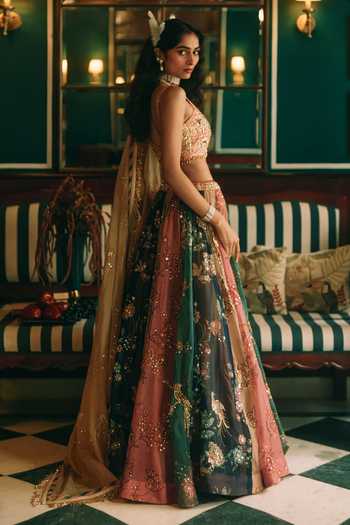 Paulmi And Harsh_Multicolor Organza, Shantoon, Satin Sweetheart Aura Floral Print Lehenga Set _at_Aza_Fashions