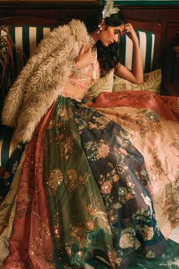 Shop_Paulmi And Harsh_Multicolor Organza, Shantoon, Satin Sweetheart Aura Floral Print Lehenga Set 