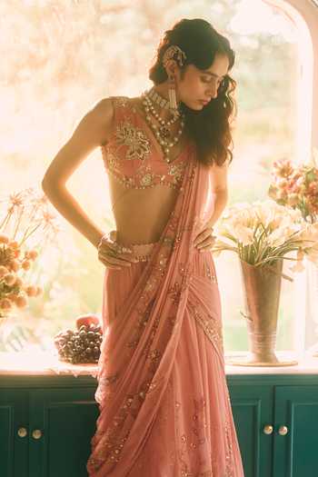 Paulmi And Harsh Pink Organza, Net, Chiffon Reverie Embroidered Pre-draped Saree With Blouse Online at Aza Fashions Paulmi And Harsh_Pink Organza, Net, Chiffon Reverie Embroidered Pre-draped Saree With Blouse _Online_at_Aza_Fashions