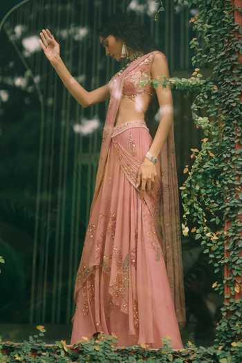Shop Paulmi And Harsh Pink Organza, Net, Chiffon Reverie Embroidered Pre-draped Saree With Blouse Online at Aza Fashions Shop_Paulmi And Harsh_Pink Organza, Net, Chiffon Reverie Embroidered Pre-draped Saree With Blouse _Online_at_Aza_Fashions