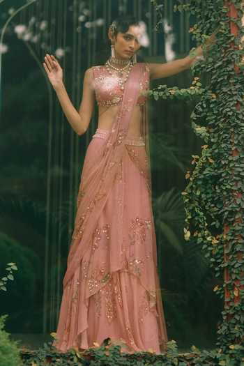 Paulmi And Harsh Pink Organza, Net, Chiffon Reverie Embroidered Pre-draped Saree With Blouse at Aza Fashions Paulmi And Harsh_Pink Organza, Net, Chiffon Reverie Embroidered Pre-draped Saree With Blouse _at_Aza_Fashions