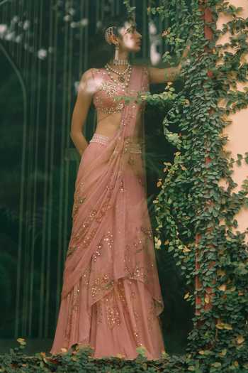Buy Paulmi And Harsh Pink Organza, Net, Chiffon Reverie Embroidered Pre-draped Saree With Blouse Buy_Paulmi And Harsh_Pink Organza, Net, Chiffon Reverie Embroidered Pre-draped Saree With Blouse